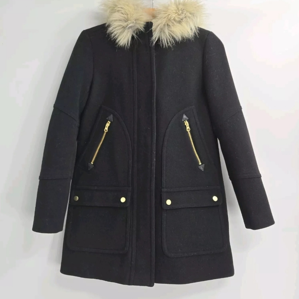 J Crew Chateau Black Wool‎ Stadium Cloth Parka Fur Hood Coat